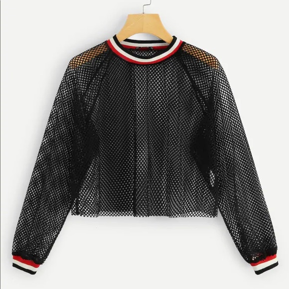 Tops - Striped Trim Mesh Sheer Crop Sweatshirt